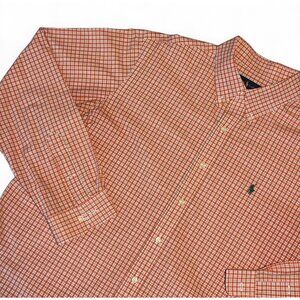 Ralph Lauren Men's Orange/White Plaid Cotton Button-Down Shirt with Logo, XL